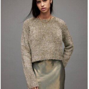 All Saints Rosetta Tinsel cropped Crew Neck Sweater Gold Bronze Size Small